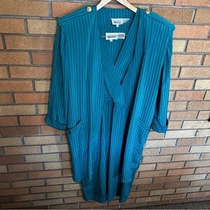 Vintage 70s/80s Leslie Fay Teal 2 Piece Midi Dress & Cover Striped Size 12
